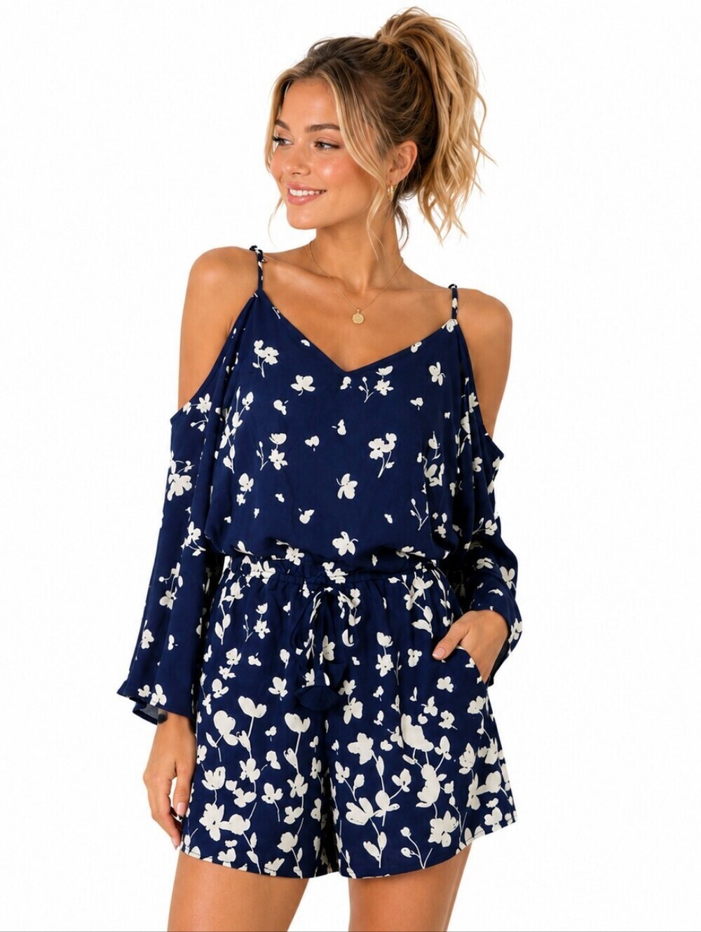 Premier Amour Navy Cream Floral Cold Shoulder Romper Size 8 Adjustable Straps
